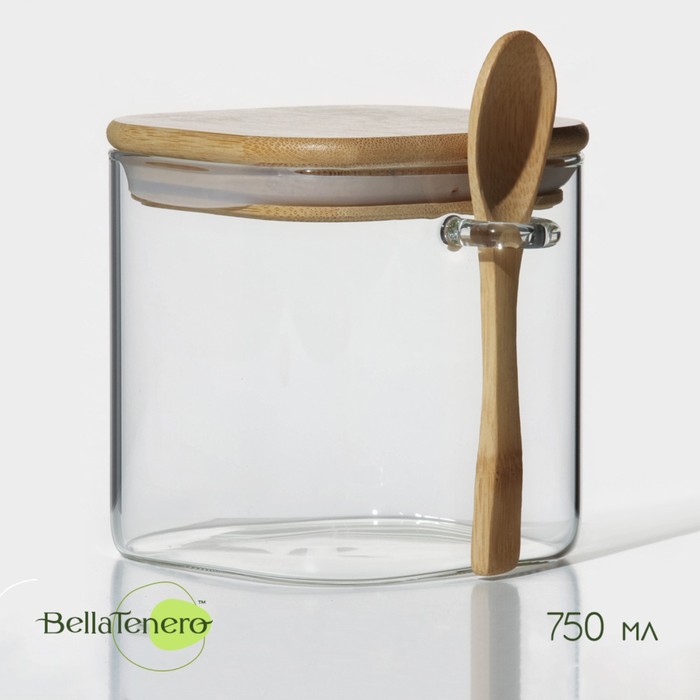 

Банка стеклянная для сыпучих продуктов с бамбуковой крышкой и ложкой BellaTenero «Эко» 750 мл, 11,5×10×11 см