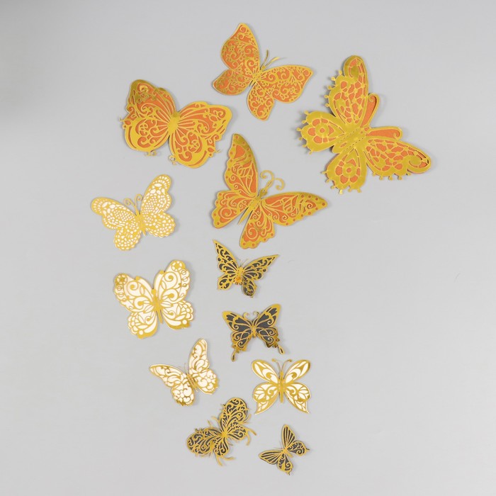 Бабочки картон двойные крылья Ажурные с золотом набор 12 шт h=4-10 см магнит пластик бабочки двойные крылья фосфорные набор 12 шт