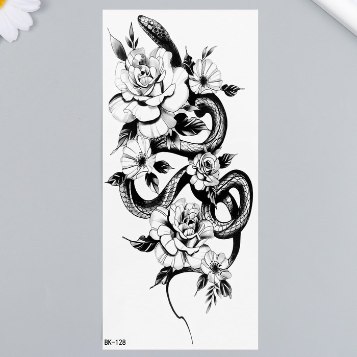 Татуировка на тело черная Змея в цветах 19х9,5 см чехол mypads змея в розовых цветах женский для alcatel 3l 2019 задняя панель накладка бампер
