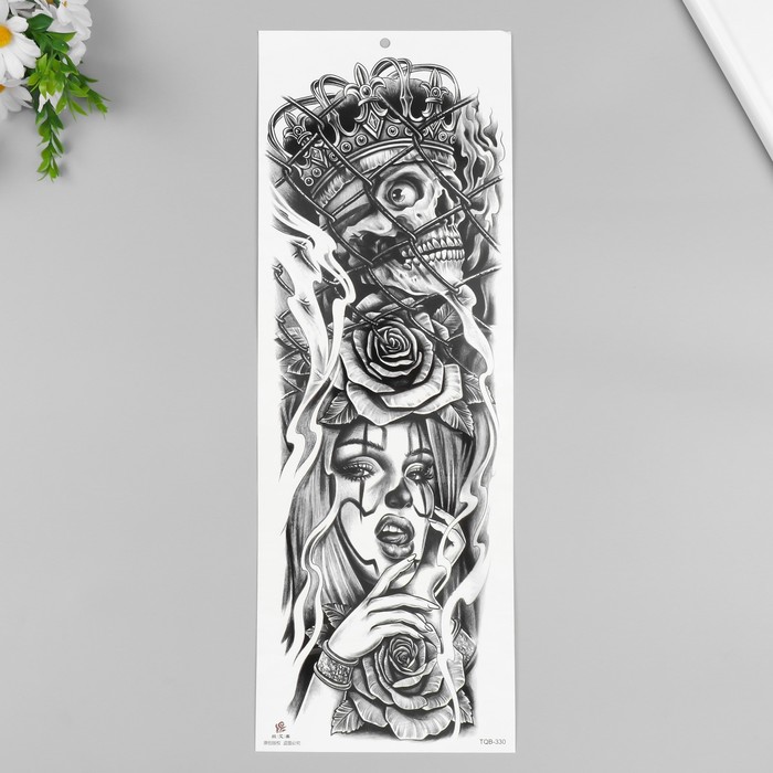 Татуировка на тело черная Череп с короной и девушка 48х17 см