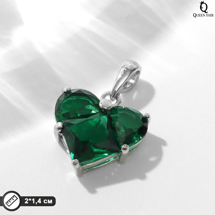 фото Подвеска родированная "сердце", цвет зелёный в серебре