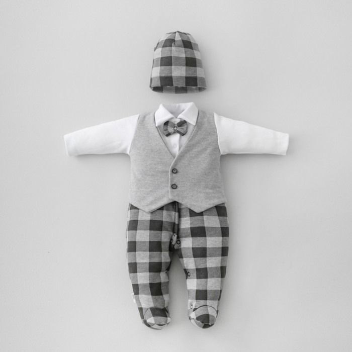 цена Комплект для мальчика KinDerLitto «Юный джентльмен-1», 2 предмета: комбинезон-слип, шапочка, рост 56-62 см, цвет серый меланж
