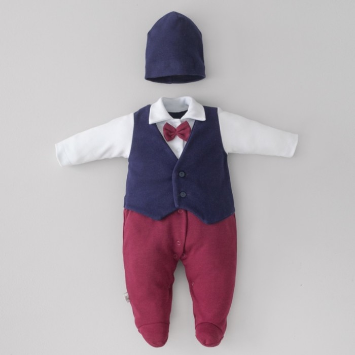цена Комплект для мальчика KinDerLitto «Юный джентльмен-1», 2 предмета: комбинезон-слип, шапочка, рост 56-62 см, цвет тёмно-синий