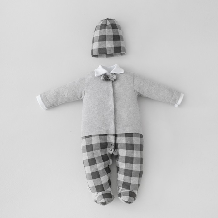 Комплект для мальчика KinDerLitto «Юный джентльмен-2», 2 предмета: комбинезон-слип, шапочка, рост 80-86 см, цвет серый меланж цена и фото