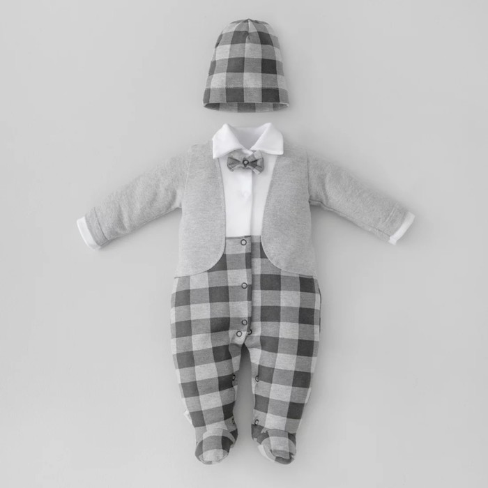 цена Комплект для мальчика KinDerLitto «Юный джентльмен-3», 2 предмета: комбинезон-слип, шапочка, рост 56-62 см, цвет серый меланж