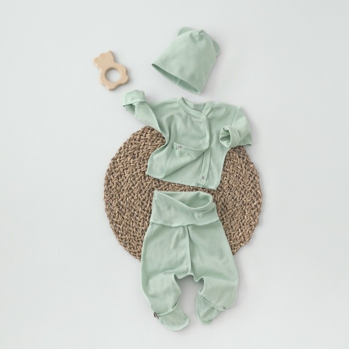 Комплект детский KinDerLitto «Крошки-горошки-2», 3 предмета: шапочка, ползунки, распашонка, рост 50-56 см, цвет полынь