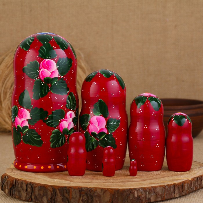 

Матрешка "Бордовый платочек", с косой, 7 кукольная