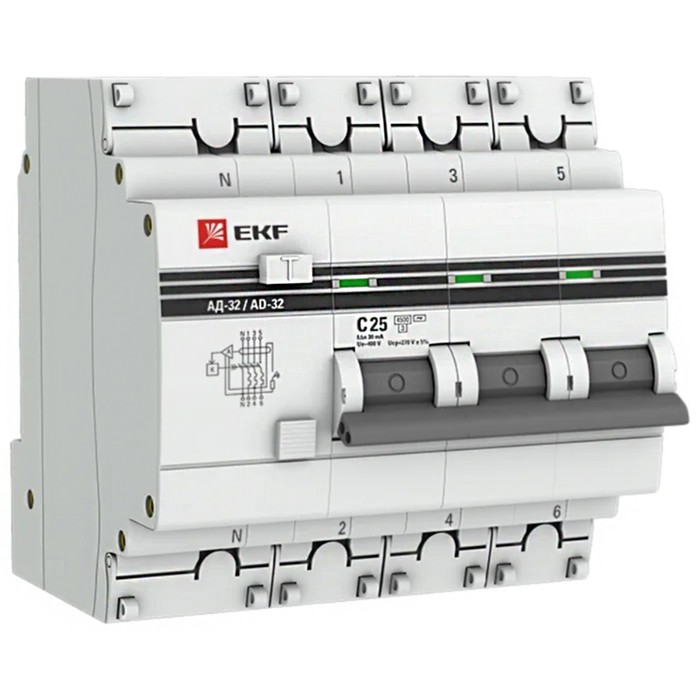 Выключатель автоматический дифференциального тока 4п (3P+N) C 25А 30мА тип AC 4.5кА АД-32 защита 270В электрон. PROxima EKF DA32-25-30-4P-pro фотографии