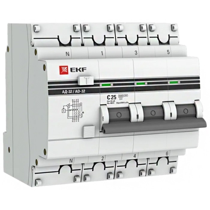 Выключатель автоматический дифференциального тока 4п (3P+N) C 32А 30мА тип AC 4.5кА АД-32 защита 270В электрон. PROxima EKF DA32-32-30-4P-pro фотографии