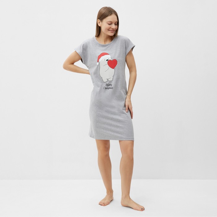 Платье домашнее женское с карманами «Мишка с сердцем», цвет серый меланж, размер 52