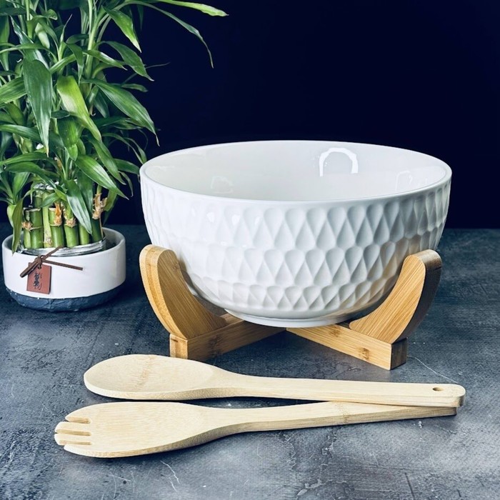 

Набор салатник 25 см, Lenardi Bamboo с 2 ложками на подставке, фарфор/бамбук
