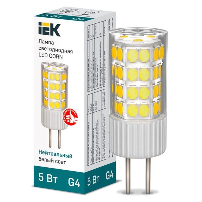 

Лампа светодиодная Corn 5Вт капсульная 4000К нейтр. бел. G4 230В керамика IEK LLE-Corn-5-230-40-G4