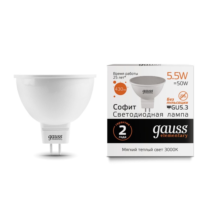 

Лампа светодиодная Elementary 5.5Вт MR16 3000К тепл. бел. GU5.3 430лм GAUSS 13516