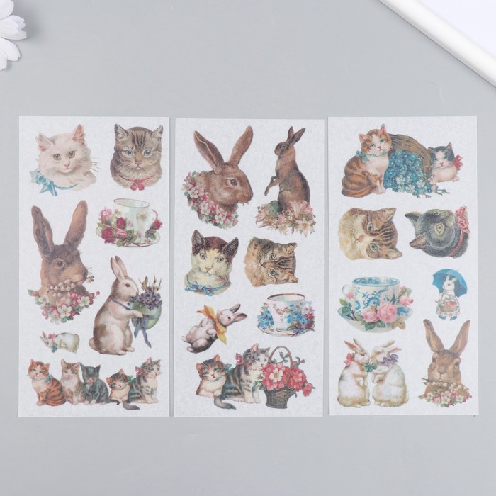 Наклейки для творчества бумага Кошечки и кролики набор 3 листа 10х20 см