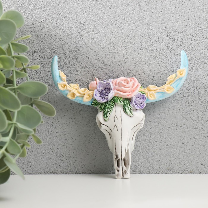 Сувенир полистоун настенный декор Череп быка с цветами 2,4х11х12 см