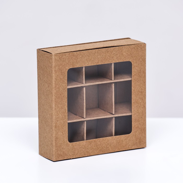 

Коробка для конфет 9 штук, 8,7 х 8,7 х 2,5 Тонкие разделители, Крафт