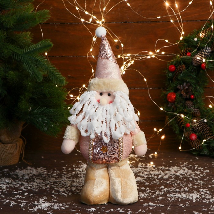 Мягкая игрушка Дед Мороз в костюме с цветочками стоит, 13х30 см, розовый зимнее волшебство мягкая игрушка дед мороз шубка с кружочками 15х30 см серебро стоит