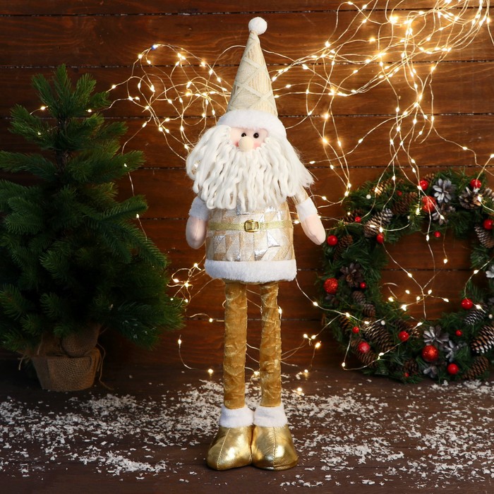 Мягкая игрушка Дед Мороз в костюме с ромбиками, длинные ножки стоит, 14 см, золото