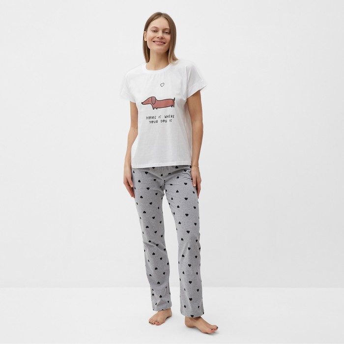 Комплект женский домашний «Такса» (футболка, брюки), цвет белый/серый, размер 46 комплект домашний женский футболка брюки цвет серый размер 46
