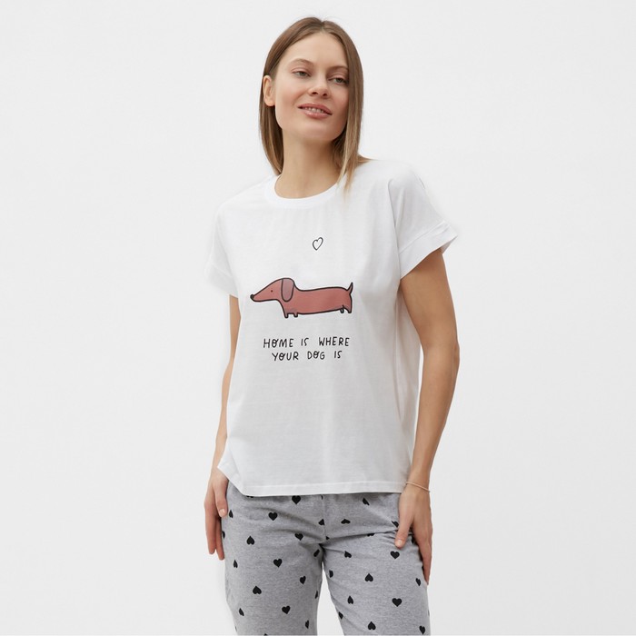 фото Комплект женский домашний «такса» (футболка, брюки), цвет белый/серый, размер 52 comfort