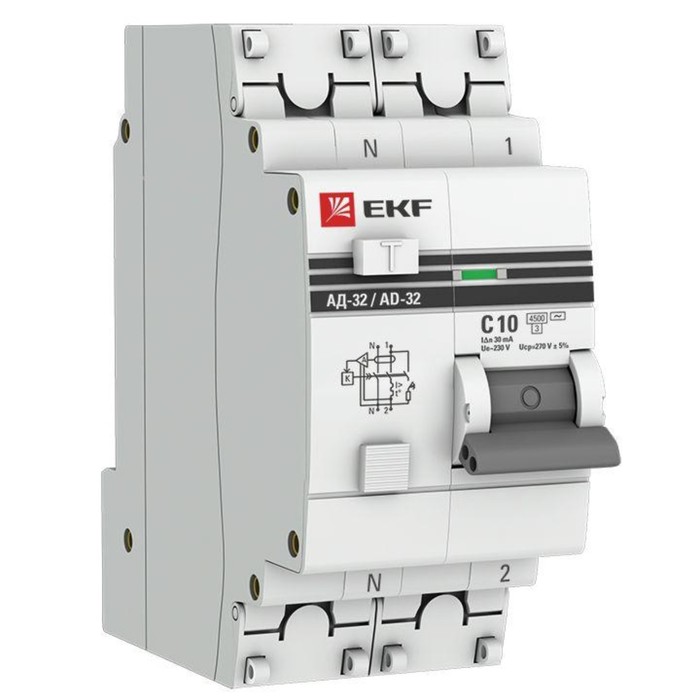 Выключатель автоматический дифференциального тока 2п (1P+N) C 10А 30мА тип AC 4.5кА АД-32 защита 270В электрон. PROxima EKF DA32-10-30-pro фотографии