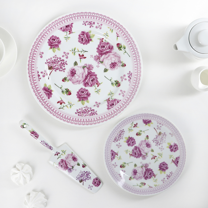 Набор для торта "Розовые цветы", 8 предметов: блюдо 27 см, тарелки 19 см, лопатка