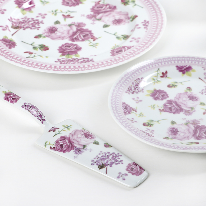 Набор для торта "Розовые цветы", 8 предметов: блюдо 27 см, тарелки 19 см, лопатка