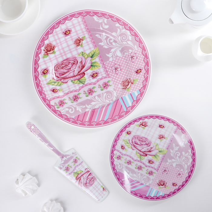 Набор для торта 8 предметов "Розовая каемочка" (блюдо d 27 см, тарелки d 19 см)