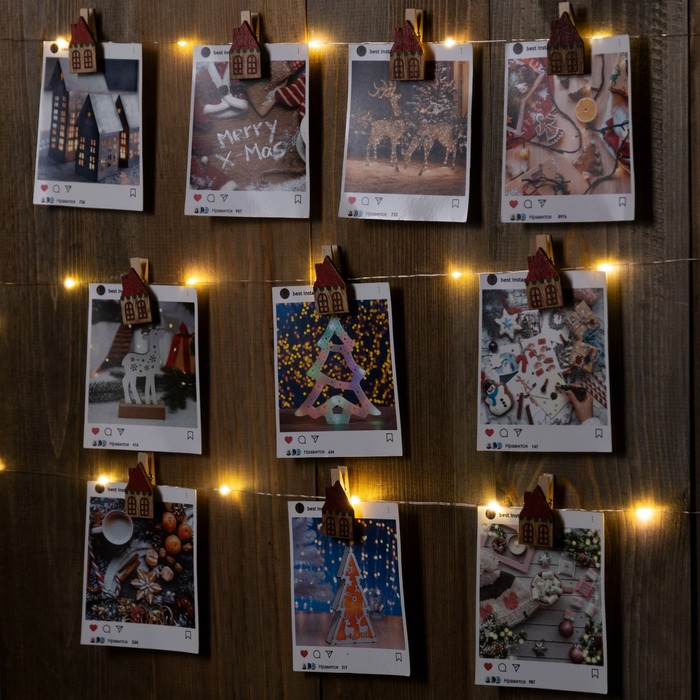 

Гирлянда «Нить» 2 м роса с насадками «Прищепки-домики», IP20, серебристая нить, 20 LED, свечение тёплое белое, ААх2