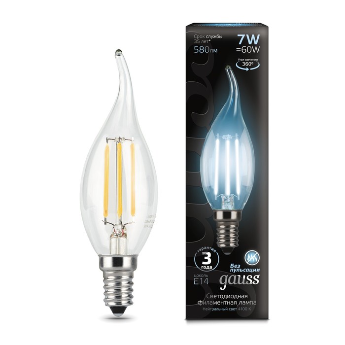 Лампа светодиодная филаментная Filament 7Вт свеча на ветру 4100К нейтр. бел. E14 580лм GAUSS 104801207 лампочка gauss 104801207 s filament candle