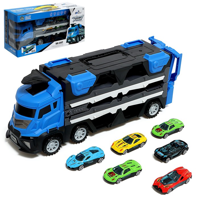 Парковка 2 в 1 Truck, 6 машинок, трансформируется в автотрек, звук, цвет синий