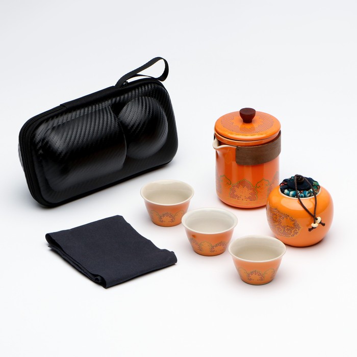 чайник ручной работы для чайной церемонии с чайной плитой 250 мл Набор для чайной церемонии 5 предметов, на 3 персоны, чашка 46 мл, чайник 250 мл, оранжевый