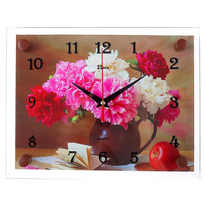 Часы настенные прямоугольные "Пионы", стекло, 20х26 см микс