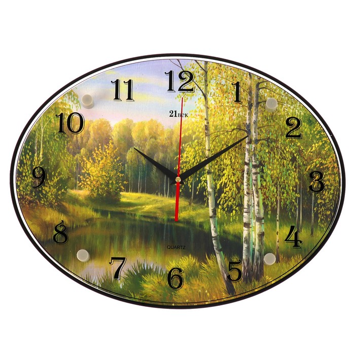 Часы настенные овальные "Пруд в лесу", стекло, 35х46 см микс