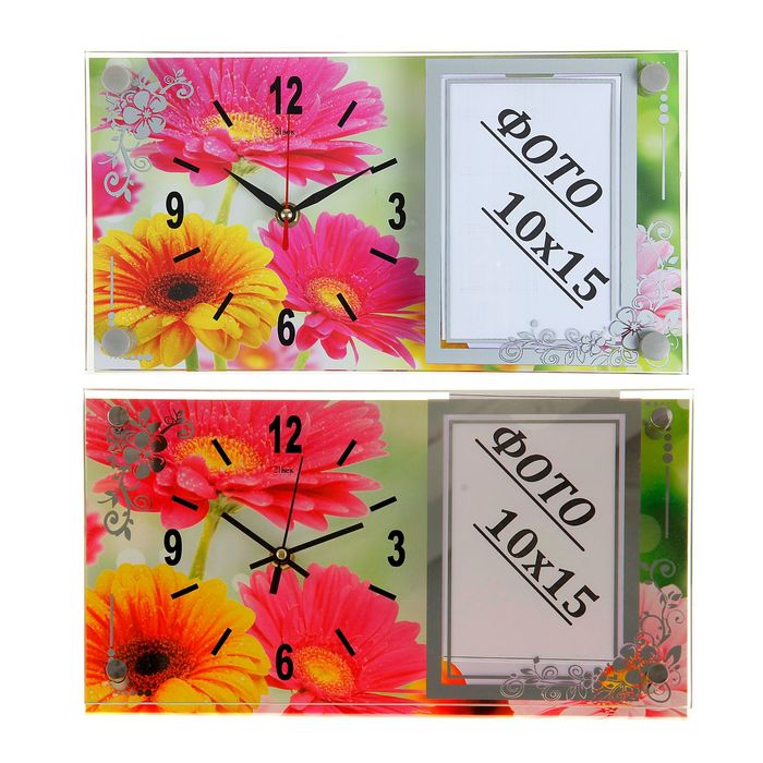 Часы настенно-настольные с фоторамкой "Герберы", стекло, 17х32 см микс