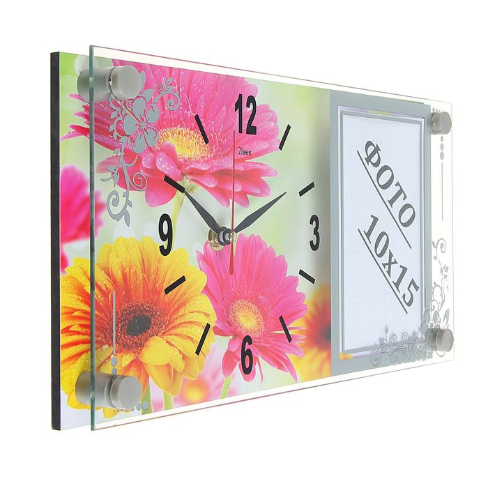 Часы настенно-настольные с фоторамкой "Герберы", стекло, 17х32 см микс