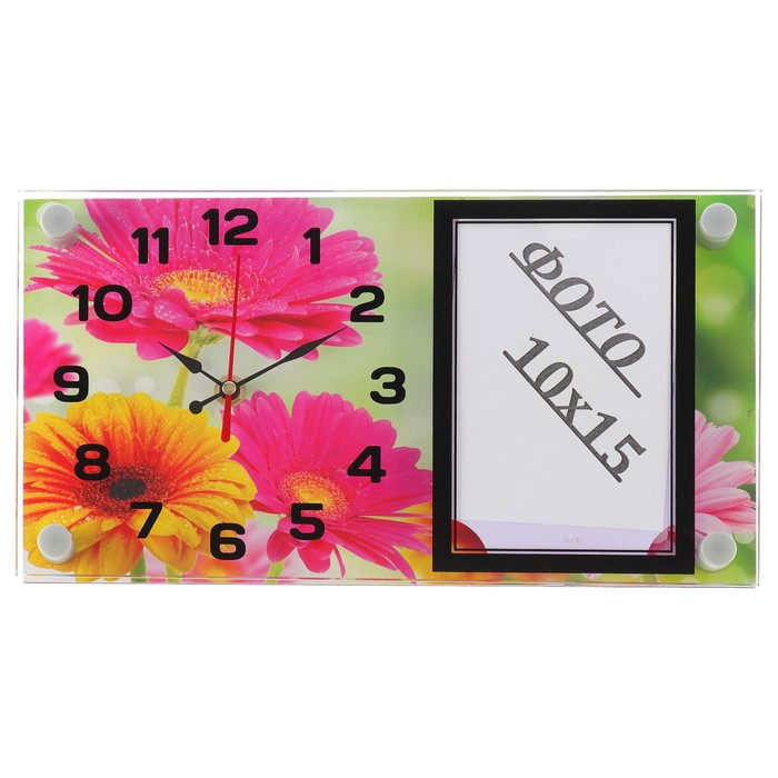 Часы настенно-настольные с фоторамкой "Герберы", стекло, 17х32 см микс