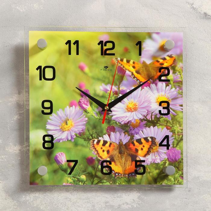 фото Часы настенные, серия: цветы, "бабочки на цветках", 25х25 см, микс 21 век