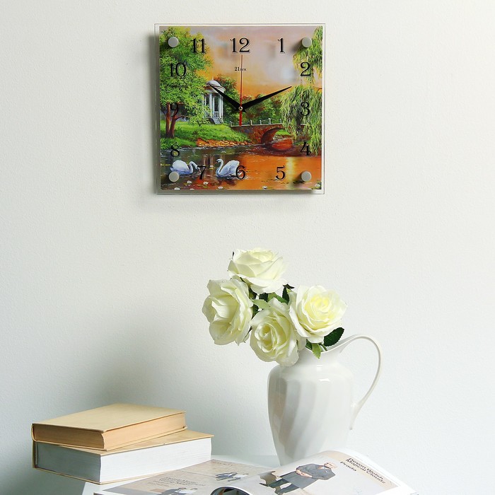 Часы настенные квадратные "Лебеди", стекло, 25х25 см микс