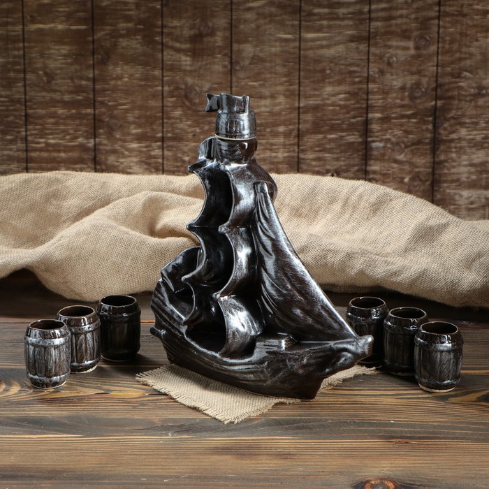 Штоф с рюмками "Парус" большой, набор 7 предметов, серебро 1 л