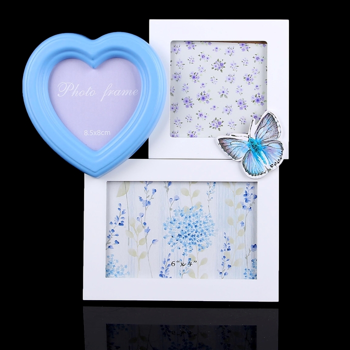 Фоторамка на 3 фото "Бело-голубая с бабочкой" 10х10; 10х13 см