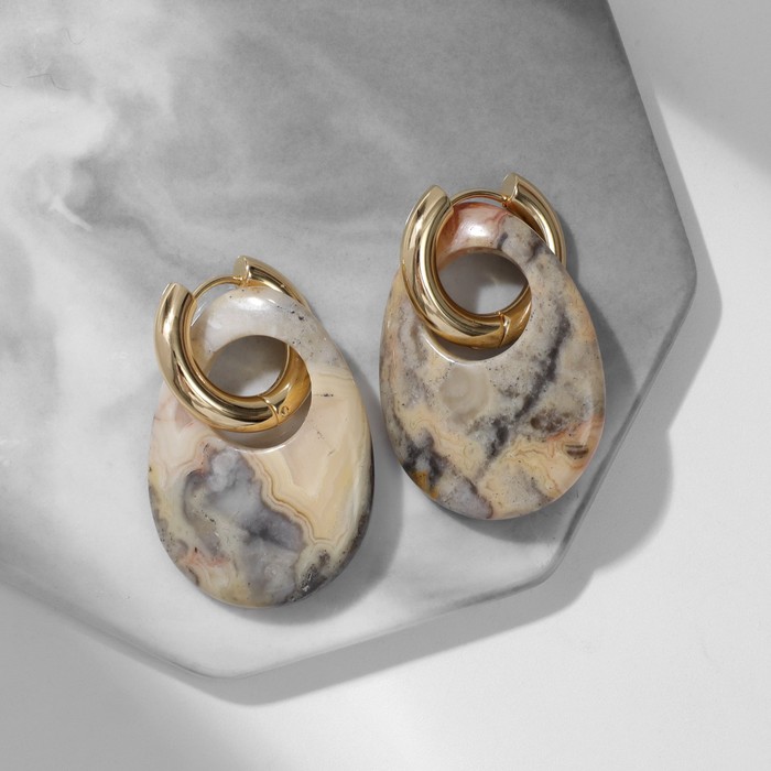

Серьги-бублики 3,5 х 2,5см, d=2см "Агат моховой" капля