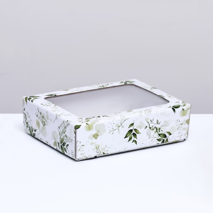 Коробка крышка-дно Зеленые растения, с окном, 18 х 15 х 5 см