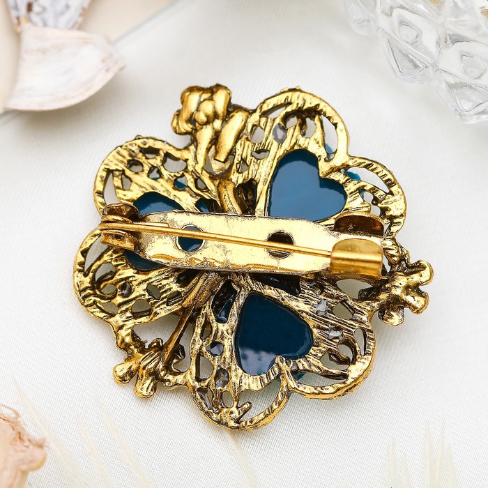 Брошь "Любящий цветочек", лепестки в форме сердечка, цвет морской