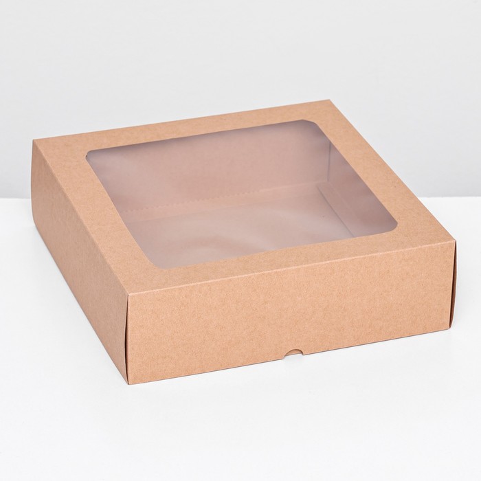 Коробка складная, крышка-дно, с окном, крафт, 25 х 25 х 7,5 см, коробка складная крышка дно с окном белая 25 х 25 х 12 см