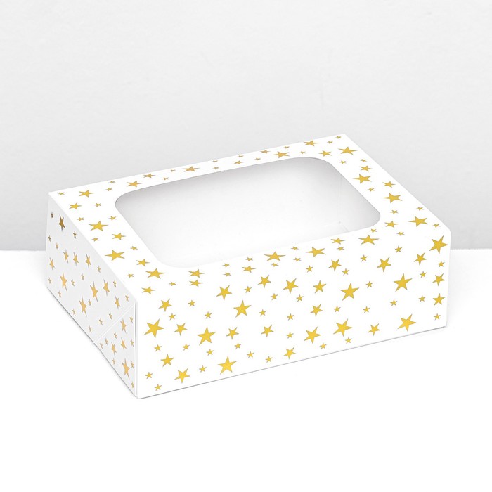 Коробка складная, с окном, Звезды, белый, 23 х 16 х 7,5 см,