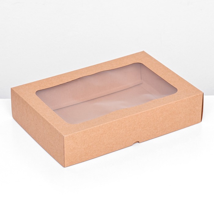 Коробка складная, крышка-дно, с окном, крафт, 30 х 20 х 6,5 см,