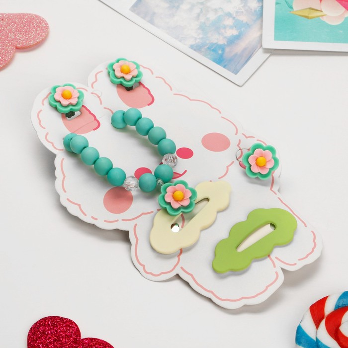 Комплект детский Выбражулька 5 предметов: 2 заколки, клипсы, браслет, кольцо, цветы, цветной