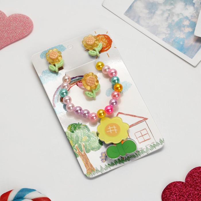 Комплект детский «Выбражулька» 4 предмета: заколка, клипсы, браслет, кольцо, цветочки, цветной