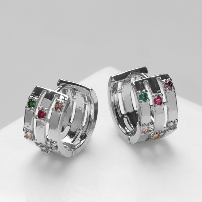 Серьги-кольца «Искра» 3 полосы, яркие вставки, цветные в серебре
